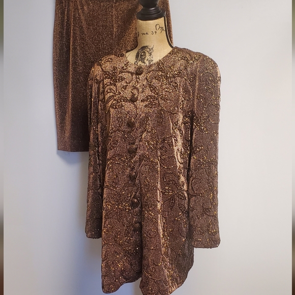 90s Carmen Marc Valvo Bronze Gold Metallic Beaded Vintage  Jacket Skirt Set 16 - Picture 5 of 12